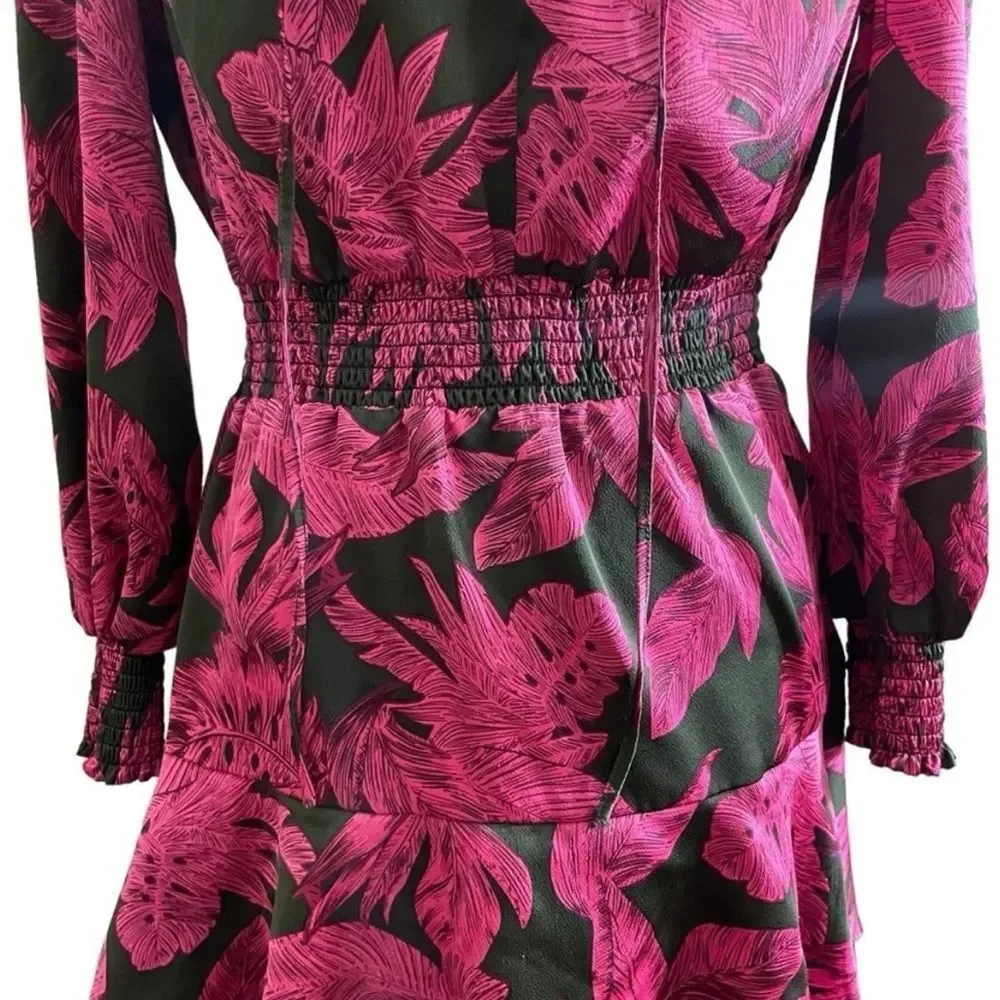Sam Edelman Tropical Palm Mini Dress Smocked Waist Tiered Long Sleeve Pink Black